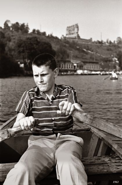 Vladimír Šlapeta on the Vltava River, "Stalin" in the background, 1961