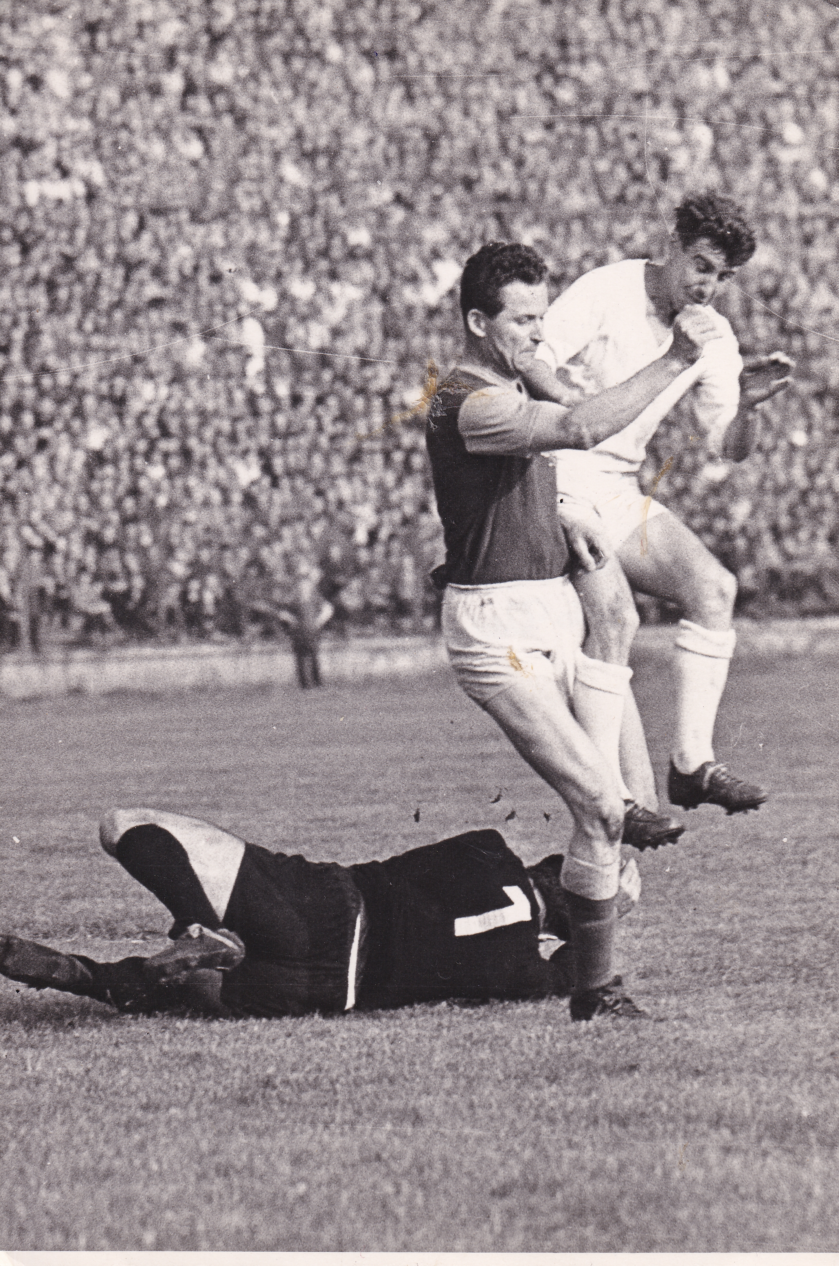 František Valošek (jumping on the right) in the first half of the 1960s at Ostrava's Bazaly stadium in a match against Dukla Prague