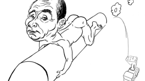 Putin na raketě. Kresba: Josef Albrecht pro HlídacíPes.org