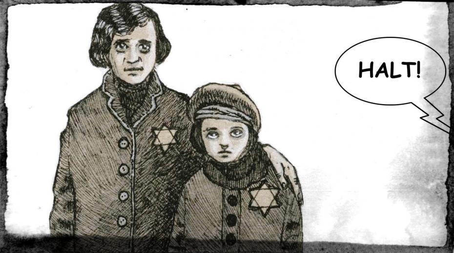 Anita Franková s maminkou v komiksovém příběhu z knihy Ještě jsme ve válce, kresba Miloš Mazal. Zdroj: Post Bellum