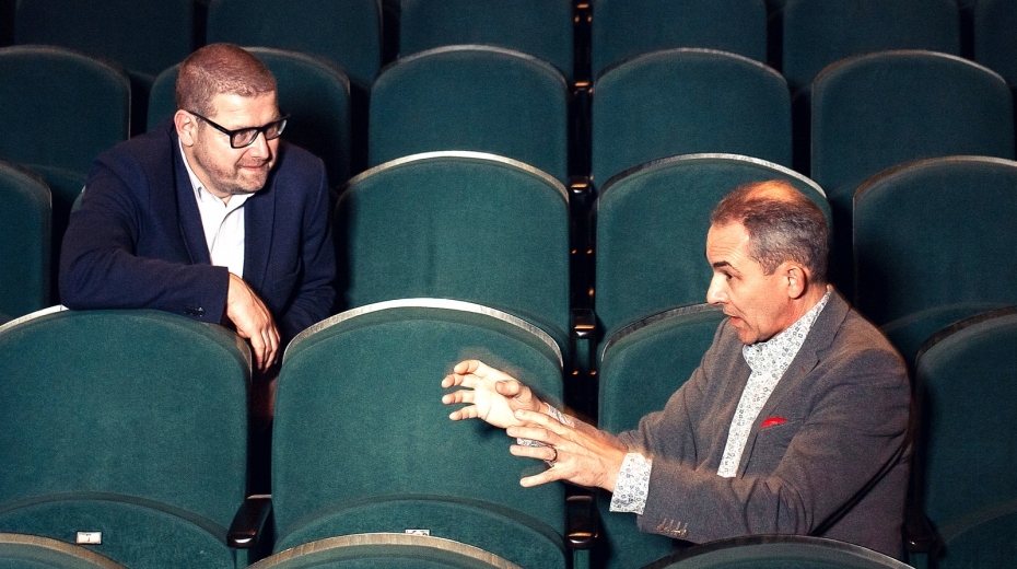 Jindřich Šídlo a Jan Dobrovský při natáčení podcastu v Divadle pod Palmovkou. Zdroj: Post Bellum