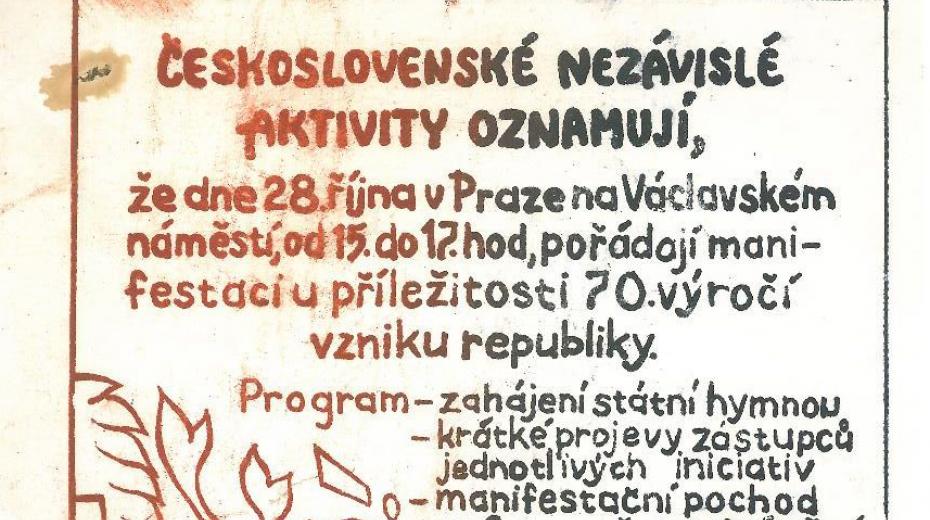 Potlačení připomínky 70. výročí založení Československa
