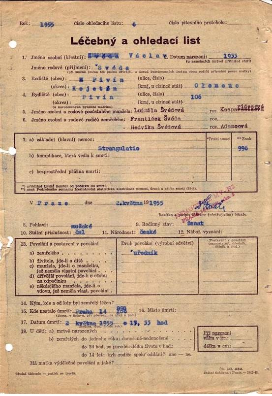 Ohledací list o stavu těla Václava Švédy po popravě 2. května 1955. Zdroj ÚSTR/Wikipedie