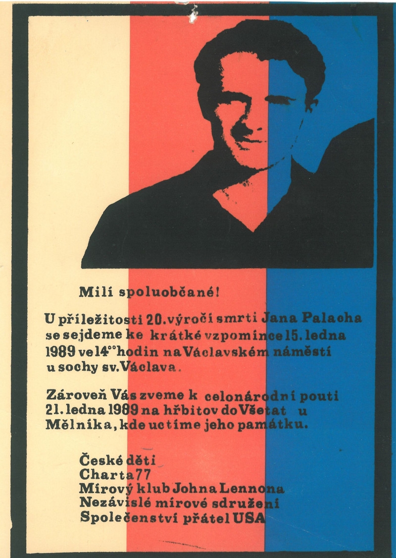 Leták na shromáždění 15. ledna 1989, jehož rozehnání odstartovalo týdenní sérii protestů známou jako Palachův týden. Zdroj: Paměť národa