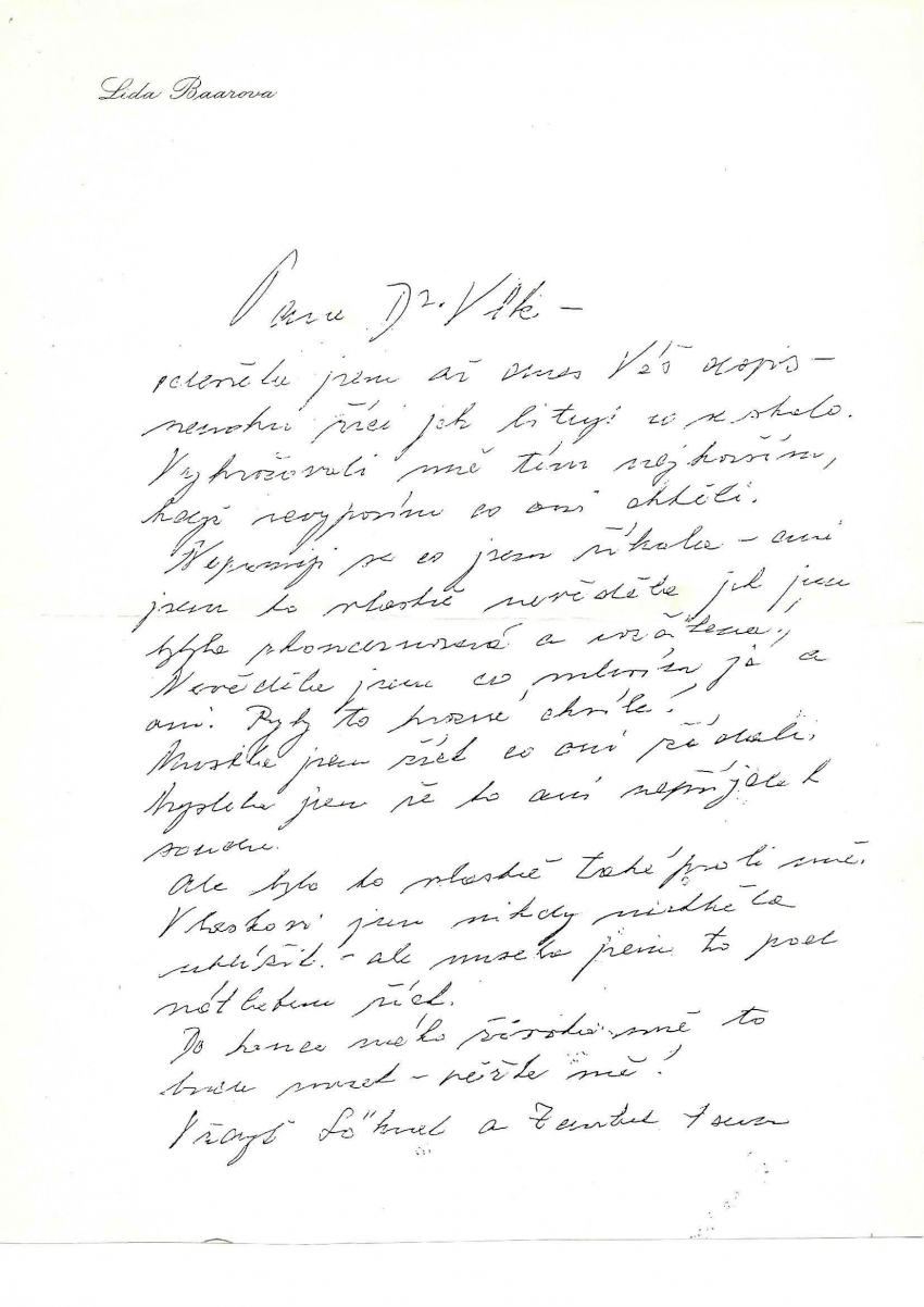 Dopis Lídy Baarové o svědectví proti Vlastovi Burianovi. Zdroj: archiv Vladimíra Justa