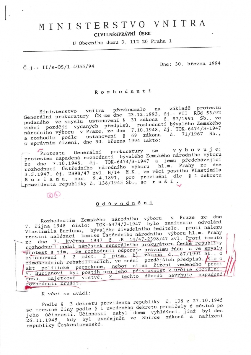 Rozhodnutí Ministerstva vnitra z roku 1994 - definitivně zrušilo zmanipulované soudní verdikty nad Burianem z let 1947 a 1948. Zdroj: archiv Vladimíra Justa