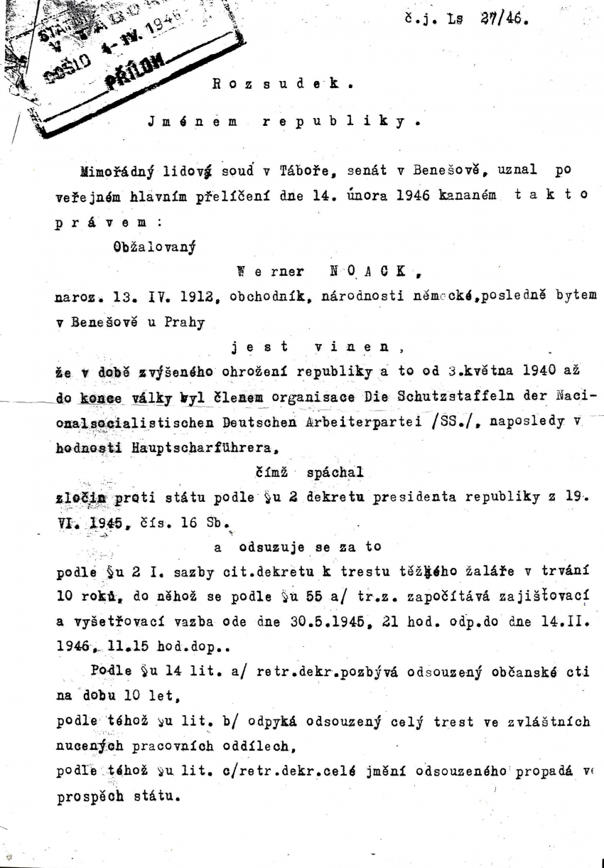 Rozsudek nad Kurtem Noackem z února 1946. Zdroj: archiv pamětníka