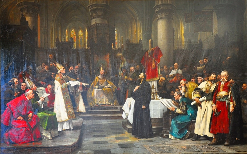 Slavný obraz Václava Brožíka Jan Hus před koncilem kostnickým (1883). Zdroj: Wikipedia Commons