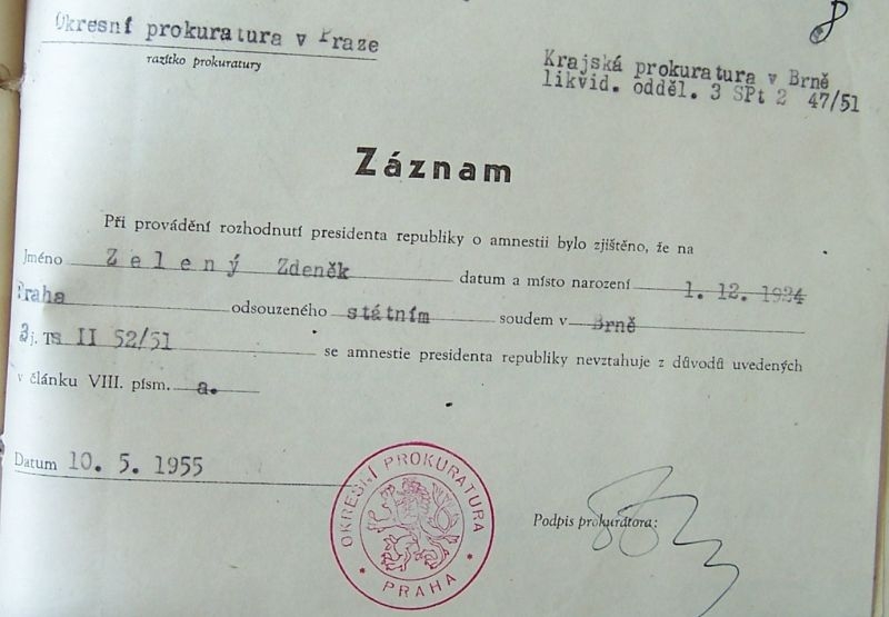 Doklad o zamítnutí amnestie v roce 1955, zdroj: Paměť národa / archiv pamětníka