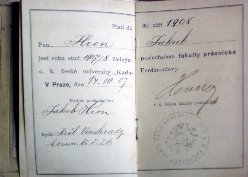 Doklad o studiu Jakuba Hrona na právnické fakultě z října 1907, Zdroj: Muzeum Jakuba Hrona