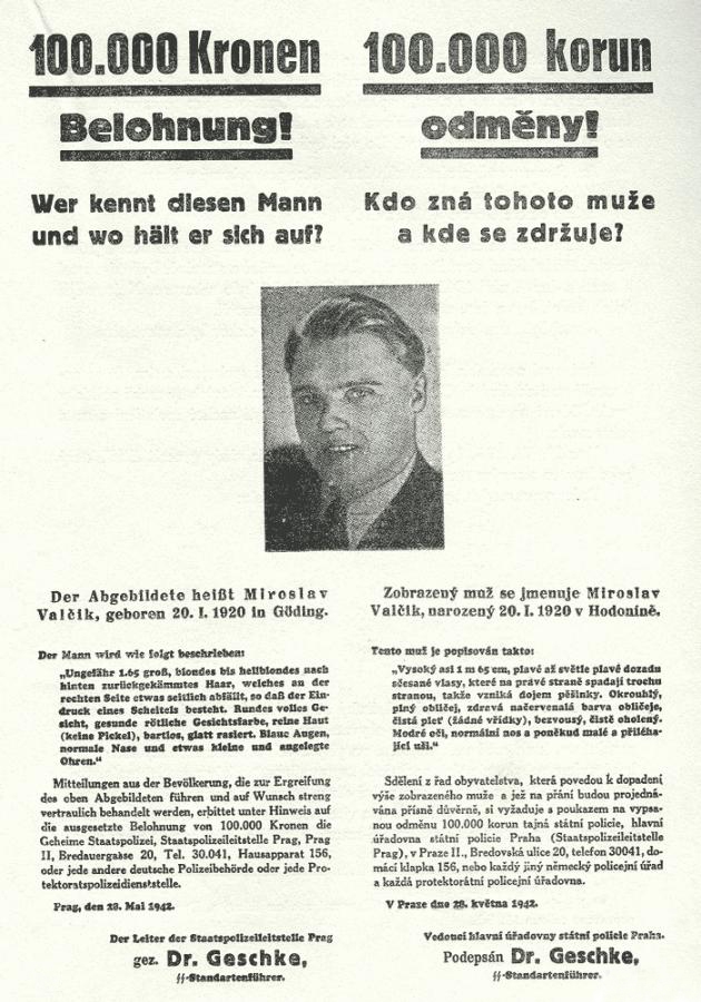 Plakát s fotografií J. Valčíka z 28. května 1942. Zdroj: archiv ČSOL