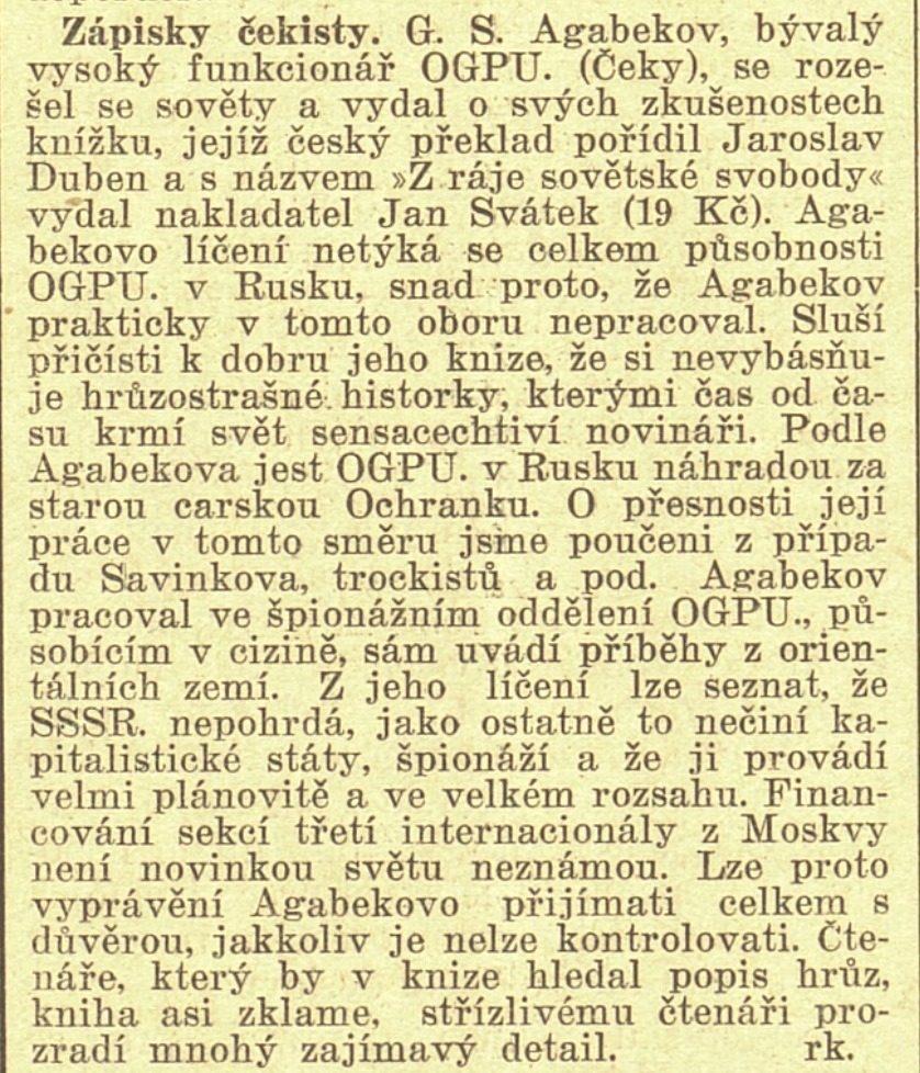 Dobová recenze Zápisků čekisty otištěná v roce 1932 v časopise Volná myšlenka. Zdroj: cechoslovacivgulagu.cz