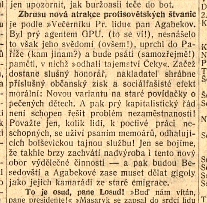 Komunistická kritika G. Agabekova otištěná v roce 1930 v novinách Dělnická rovnost. Zdroj: cechoslovacivgulagu.cz