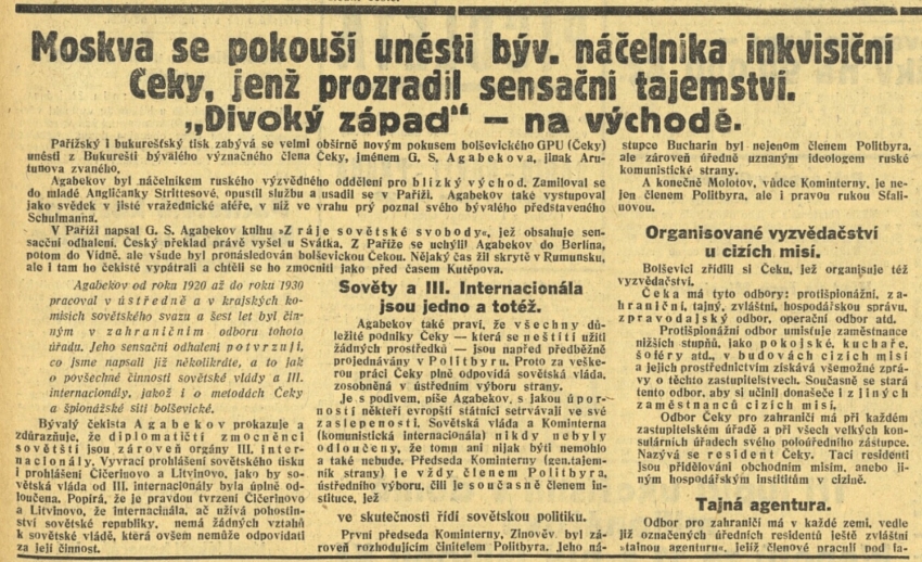 Zpráva deníku Večer z roku 1932 o snaze Sovětů odstranit G. Agabekova. Zdroj: cechoslovacivgulagu.cz