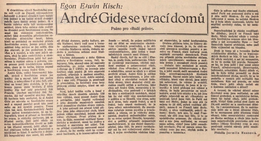 Recenze díla André Gida, Večer, 26. 10. 1937. Zdroj: NK/cechoslovacivgulagu.cz