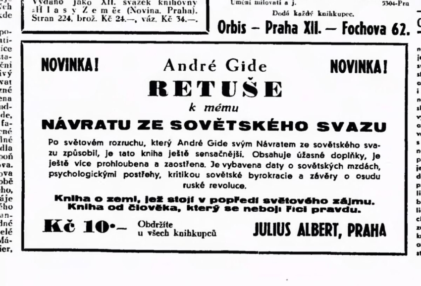 Anonce knihy Retuše k mému Návratu ze Sovětského svazu od André Gida, Lidové noviny 18. 10. 1937. Zdroj: NK/cechoslovacivgulagu.cz