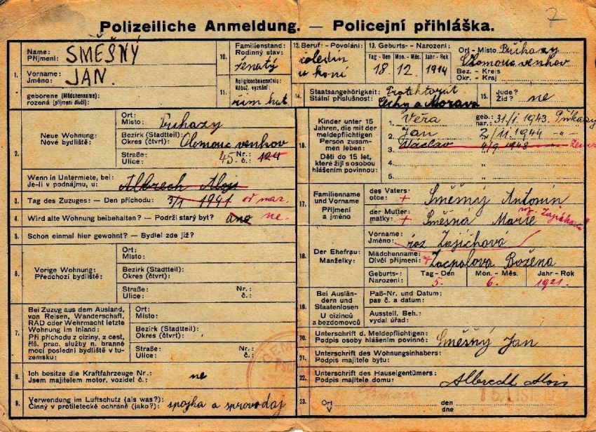 Policejní přihláška, 1941. Zdroj: archiv pamětníka