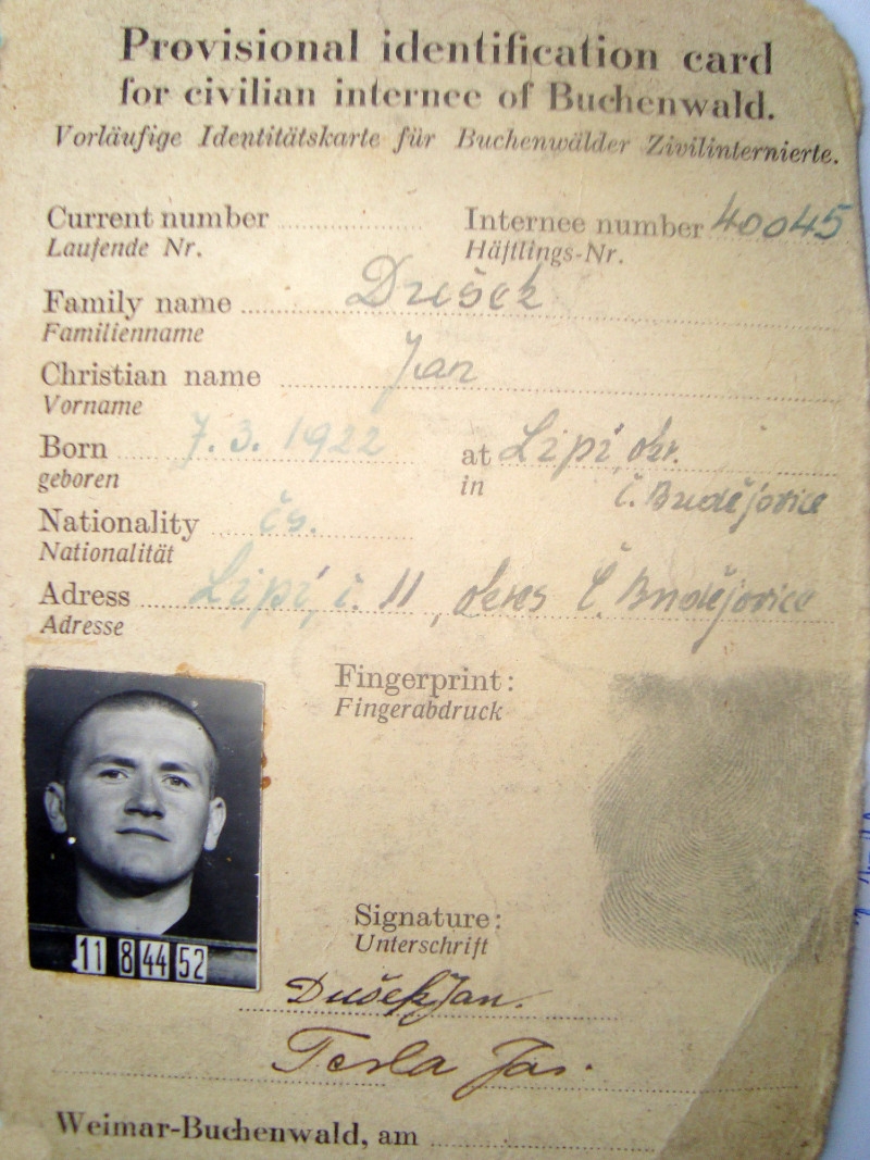 Legitimace Jana Duška v Buchenwaldu. Zdroj: Paměť národa