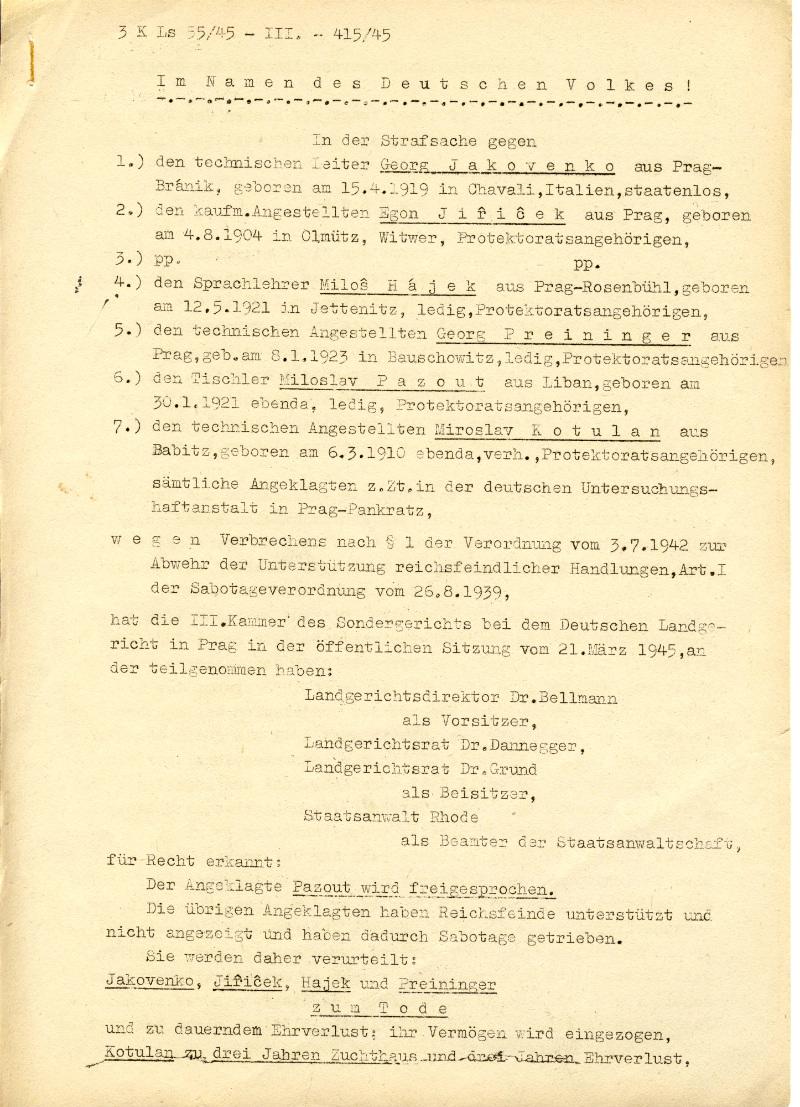 Rozsudek smrti nad Hájkem 1945 prvni strana. Zdroj: Paměť národa