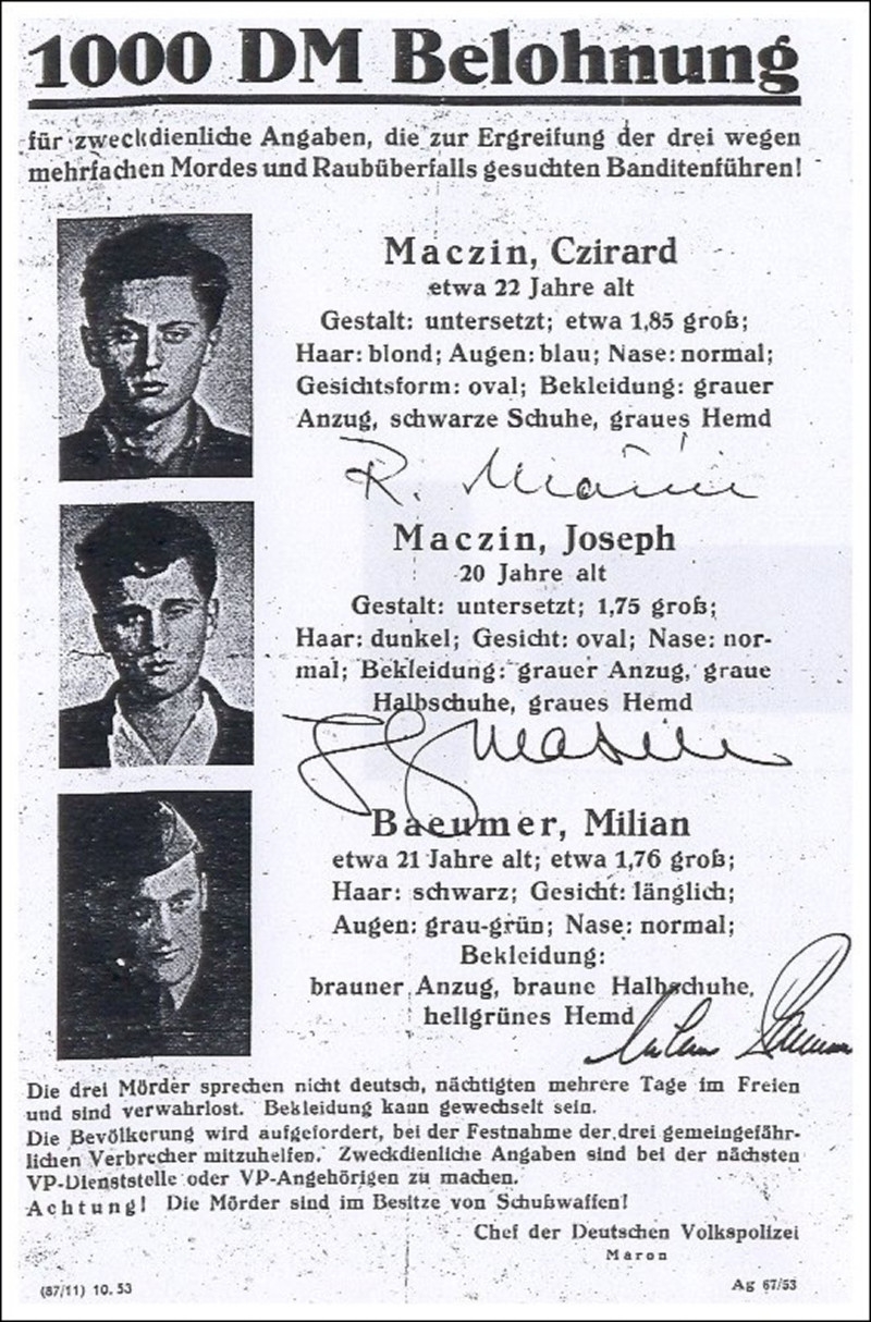Plakát s hledanými bratry Mašínovými a Milanem Paumerem ve východním Německu. Foto: Paměť národa/archív Zdeny Mašínové