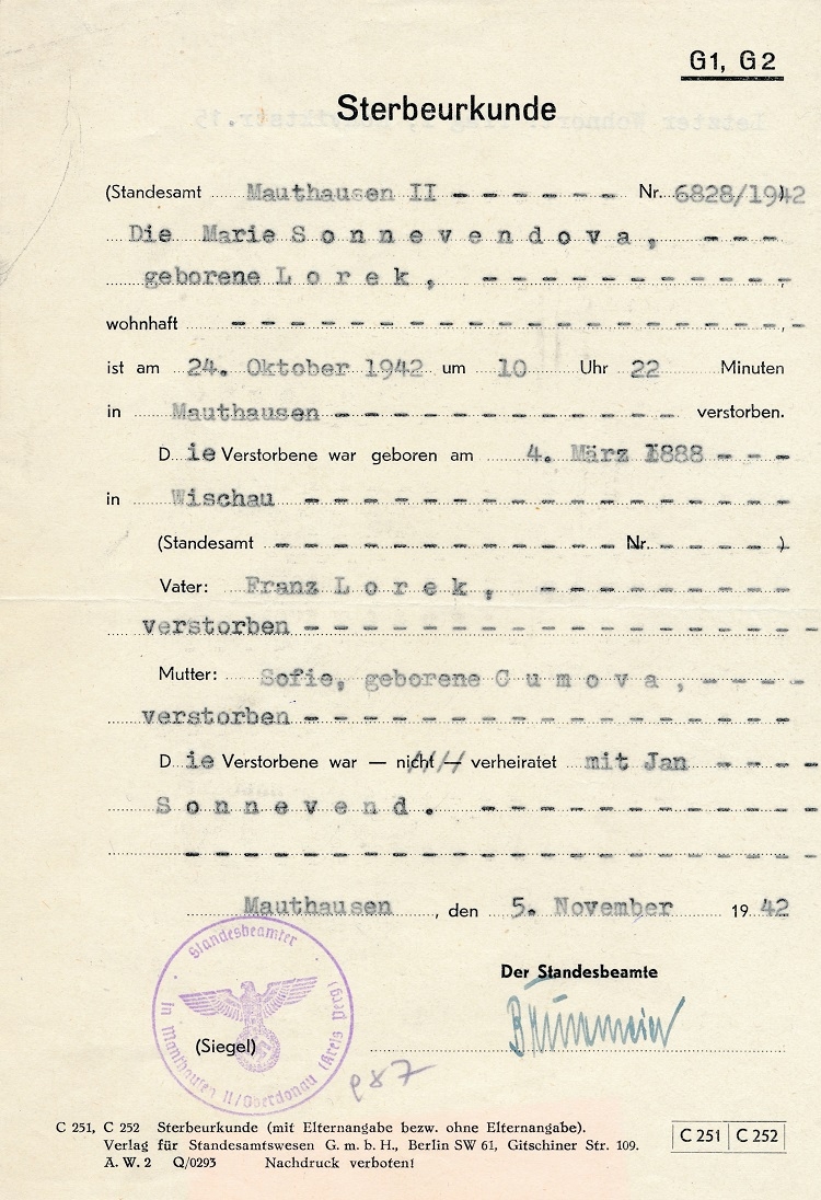 Úmrtní list Ludmily Ryšavé, která byla ve skupině odbojářů popravených 24. října 1942