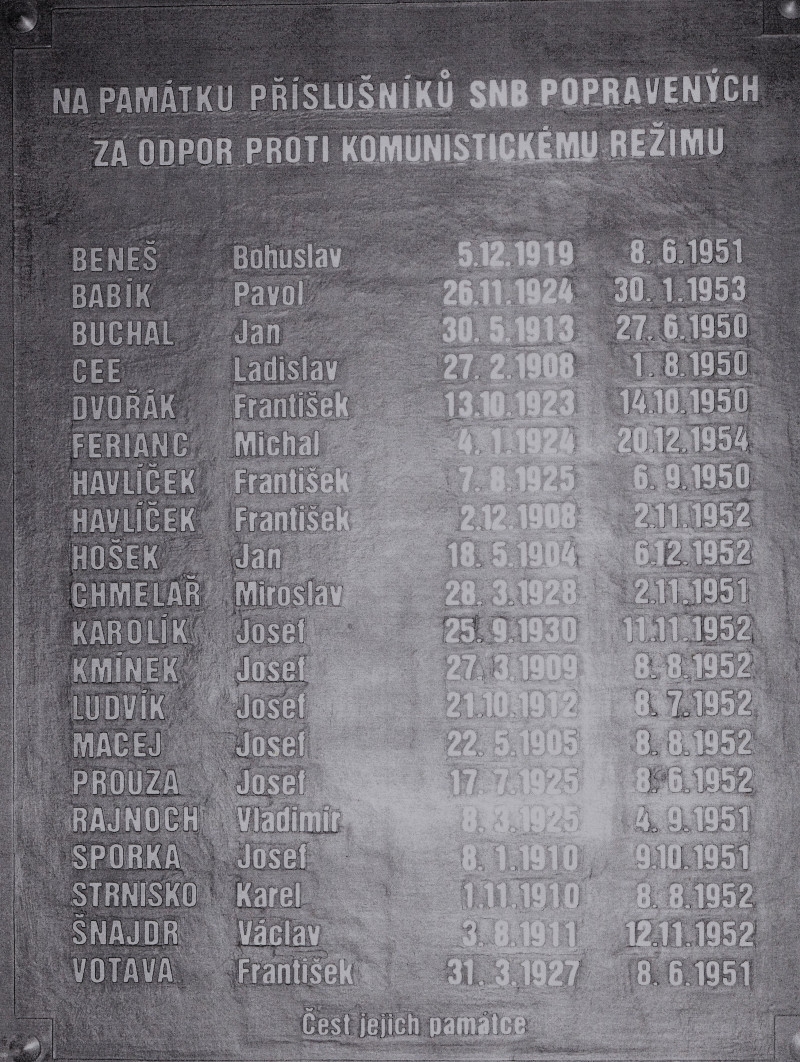 Pamětní deska na památku příslušníků SNB popravených za odpor proti komunistickému režimu, jejíž vytvoření Karel Bažant inicioval. Foto: Paměť národa