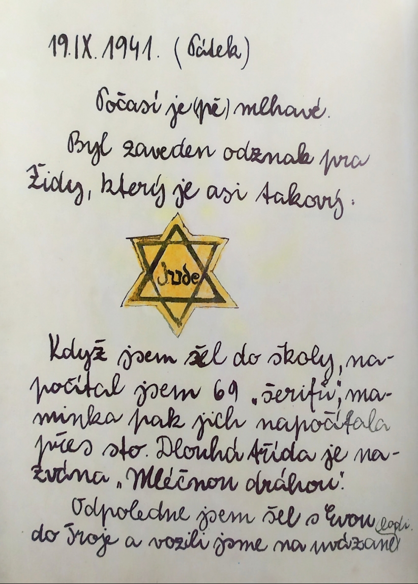 Petrův zápis z deníku z 19. září 1941, kdy vešlo v platnost nařízení nošení židovské hvězdy. Zdroj: Chava Pressburger