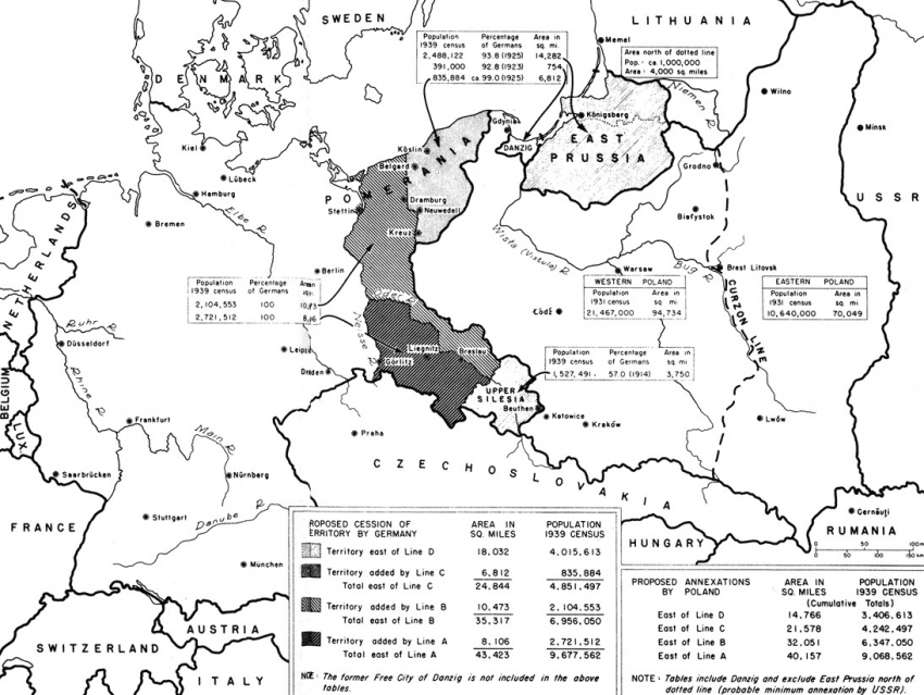 Mapa s novými hranicemi Polska, která byla používána při jednání v Postupimi. Jejich posunutí na západ znamenalo stěhování devíti miliónů Němců a asi dvou miliónů Poláků z východních částí, které připadly Sovětskému svazu. Polsku připadla města Breslau (Wroclaw) či Danzig (Gdaňsk), naopak Polsko ztratilo Lwów (Lvov) a Wilno (Vilnius). Zdroj: Wikimedia Commons