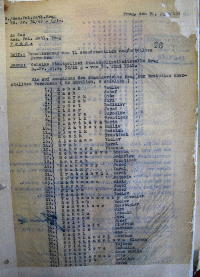 Popravní protokol z první popravy heydrichiády v sobotu 30. května 1942 v 19.30 hodin.