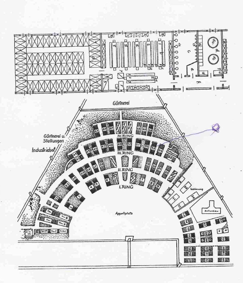 Plán tábora s vyznačením bloku č. 51, kde byl Vojtěch Srdečný vězněn.