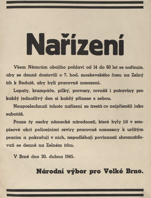 Nařízení o povinném každodenním shromažďování Němců na Zelném trhu z 30. dubna 1945. Zdroj: Moravská zemská knihovna