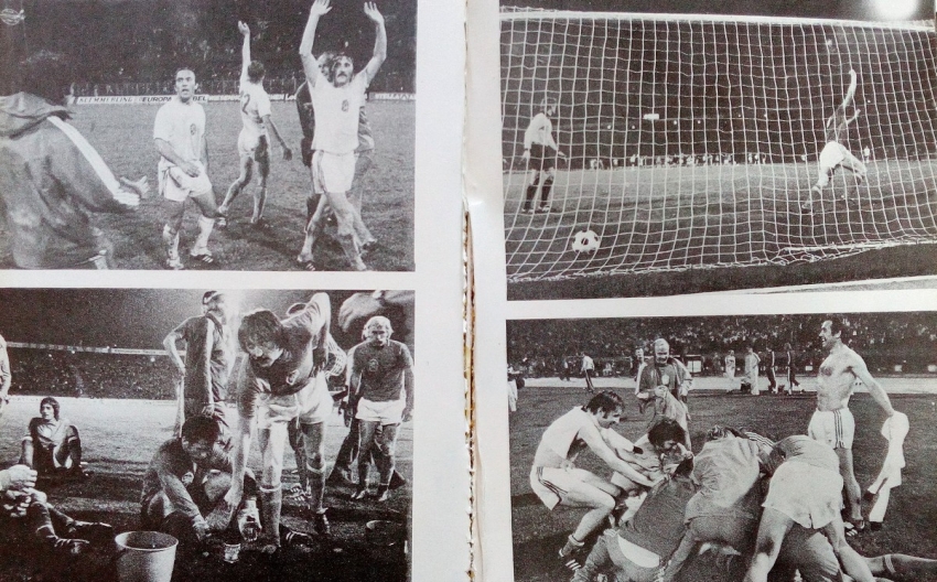 Semifinále ME 1976 s Holandskem (vlevo) a radost po vítězném finále s Němci (vpravo); z knihy Sólo pro Panenku. Zdroj: Archiv pamětníka