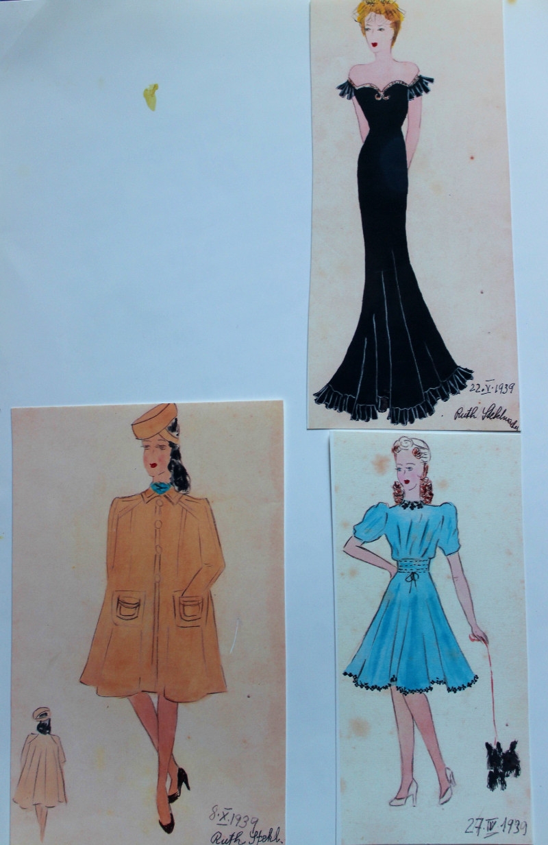 Skicy návrhů oděvů Ruth z roku 1939, které poslala do Anglie.
