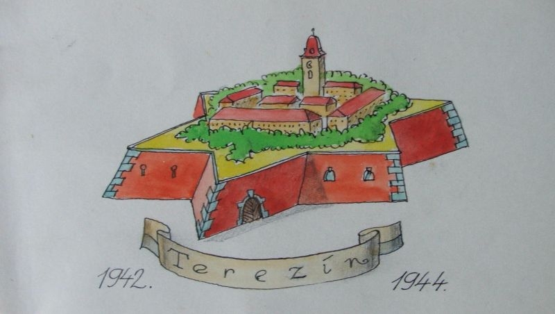 Stylizovaný obrázek Terezína nakreslený do památníku Věry Čeňkové roz. Auerové. Zdroj: Paměť národa / archiv pamětnice