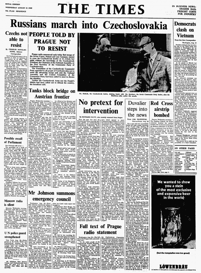 Britský deník The Times z 21. srpna 1968.
