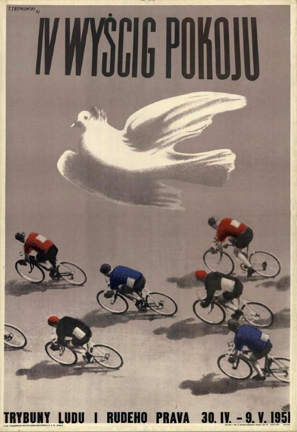 Polský plakát Závodu míru v roce 1951, další rok přibyla NDR a Berlín.