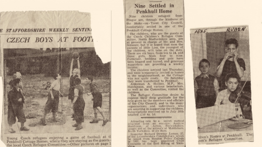 Články v anglických novinách o židovských dětech z Čech, které našly útočiště v Anglii.