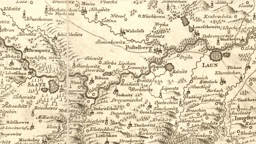 Žatec (Saatz) a Postoloprty (Postelberg) na Müllerově mapě Čech z roku 1720. Zdroj: CC Public Domain