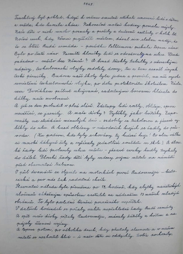 Stránka z pelhřimovské kroniky o událostech 9. května 1945.