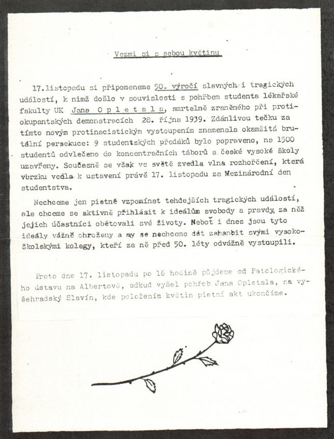 Pozvánka na shromáždění 17. listopadu 1989.