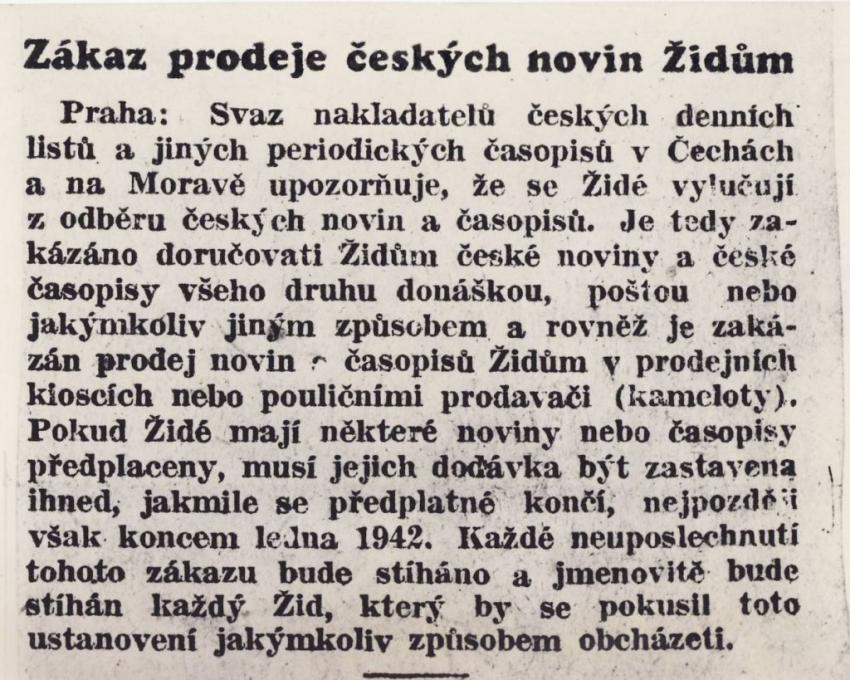 Zákaz prodeje českých novin Židům.