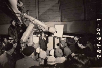 Tomáš Pertile (on the left above behind the observatory telescope) while observing a partial solar eclipse in the public observatory, Ostrava, 1961 