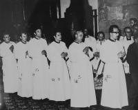 Being ordained in Brno on June 30th 1973, from the right Ladislav Tichý, Richard Sikora, Karel Obrdlík, Jiří Mikulášek, František Koutný, Josef Dvořák