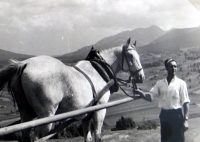 Jiří Langer / putování 1957 / Jano Železník s koněm na senoseči v Zuberci / Slovensko