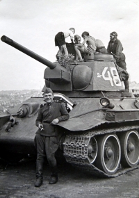 Jiří Langer / end of the war / on a Soviet tank / Jiří Langer in gray shorts / Prague / May 1945