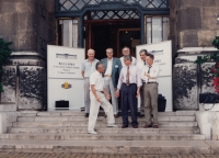At a rectors' conference in Santiago de Compostela, just after 1989.
[Note: The banner reads Welcome to the CRE [Conférence des Recteurs européens] 10th General Assembly; Budapest]