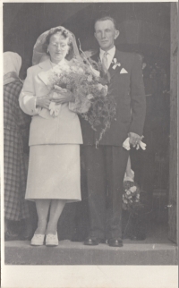 Wedding photo of Stanislav Boháč and his wife Anna (née Rabušicová) from 1957. Stanislav Boháč was younger brother of Marie Schmoranzová. He lived in Zaječice, he was a member of the Sokol movement and PTP (Technical Auxiliary Battalions). He allegedly introduced himself as "Stanislav Boháč [in Czech his surname means "rich man", trans.], a rich village man." 
