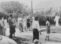 Baptism of Hanka Pelikánová in Hnojice, from the right Pavel Uhřík, Hanka Pelikánová, Lubomír Nágl