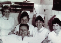 With nurses (second from right is his future wife Marcela)