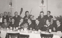 A rare photograph of one of the airline employee parties. Jan is in the centre, partly hidden behind a vase of flowers. At that time, nobody was really aware of the dangers of the upcoming political changes which were, so far only inconspicuously, peeking at them from the sign behind their backs. One says, in Slovak, "More flour and bread for the state - further steps towards socialism"